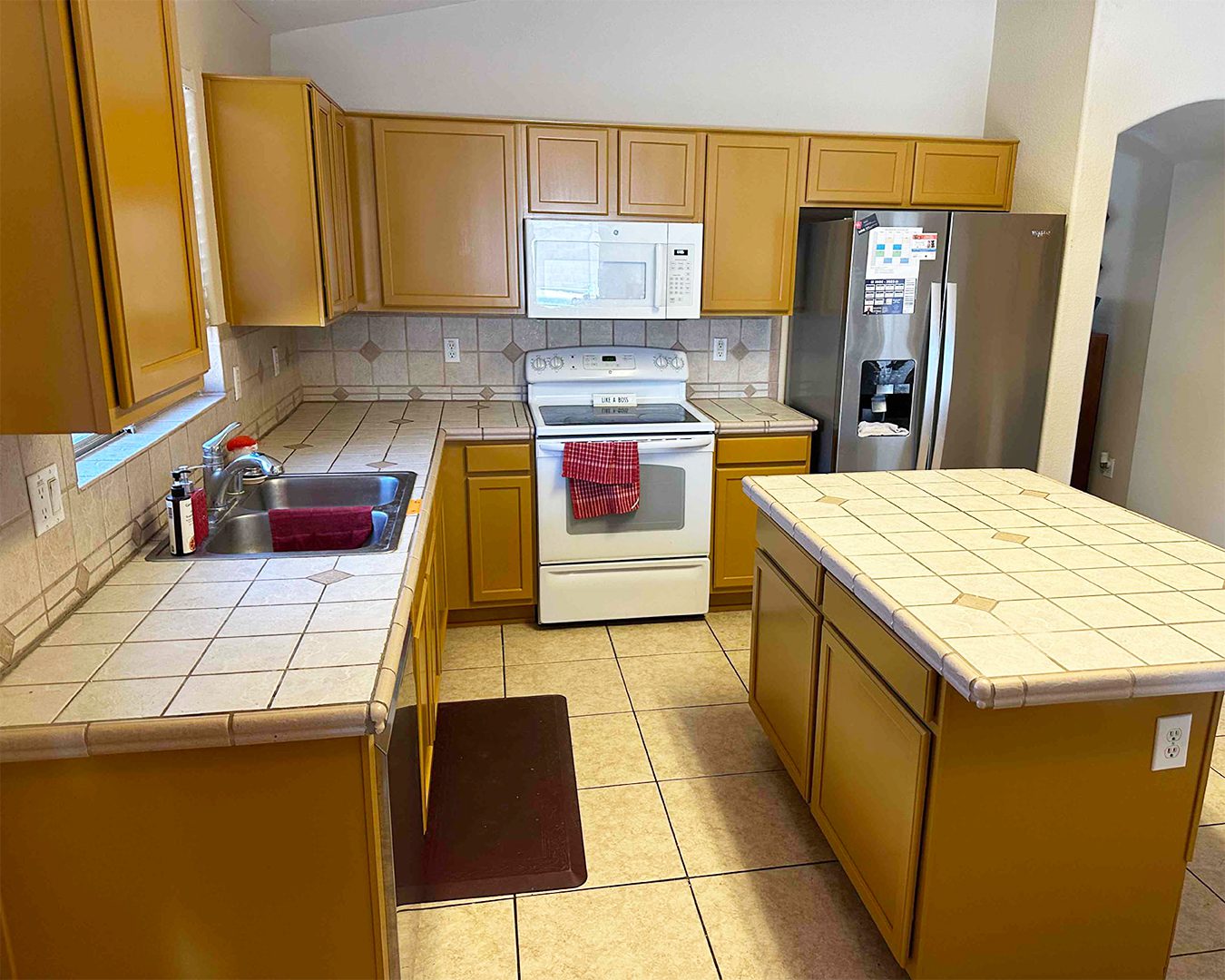 Painted white cabinets in kitchen