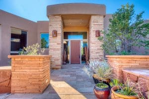 Front door painted to match the desert landscape
