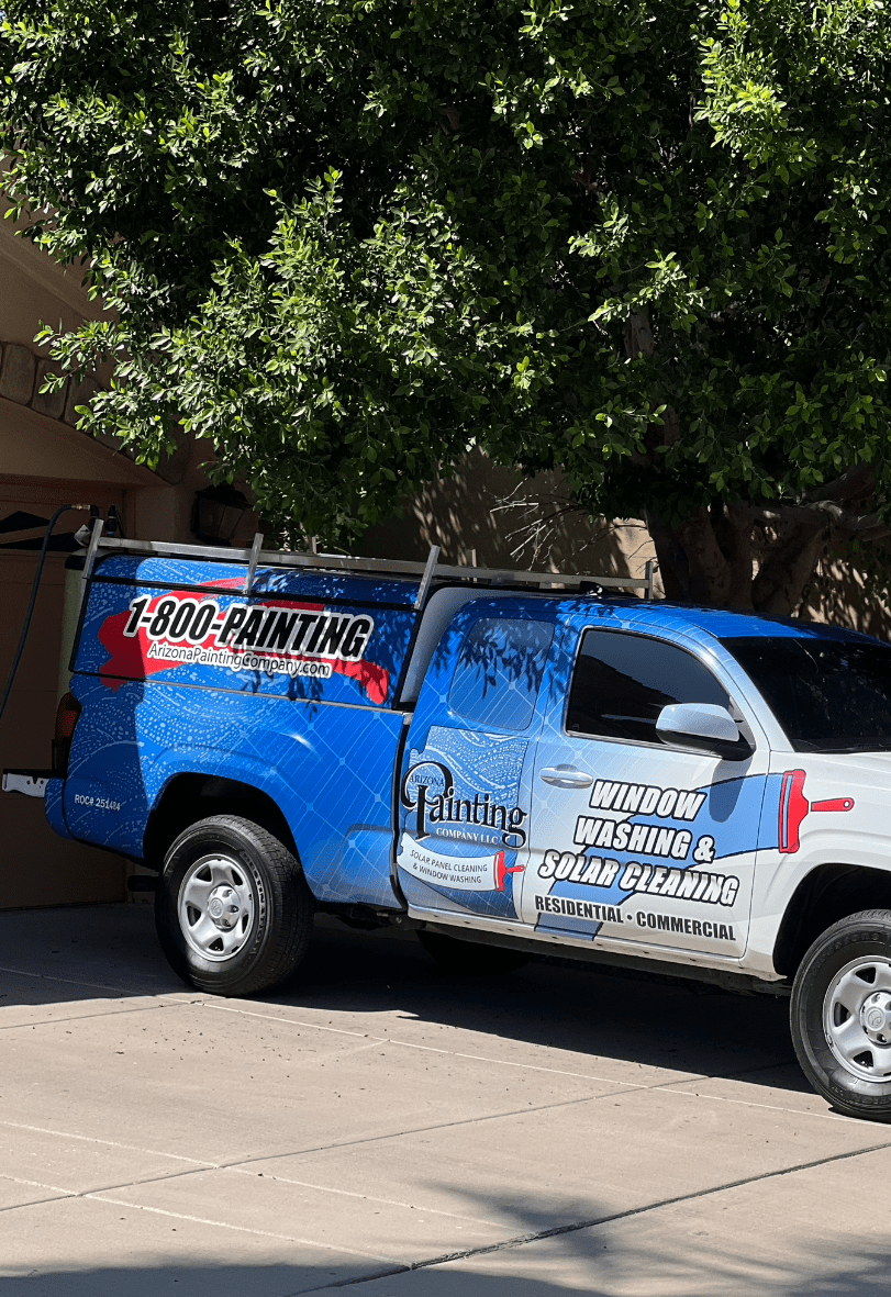 Window Washing and Solar Cleaning. Showing truck with wrapped graphics to advertise window washing.